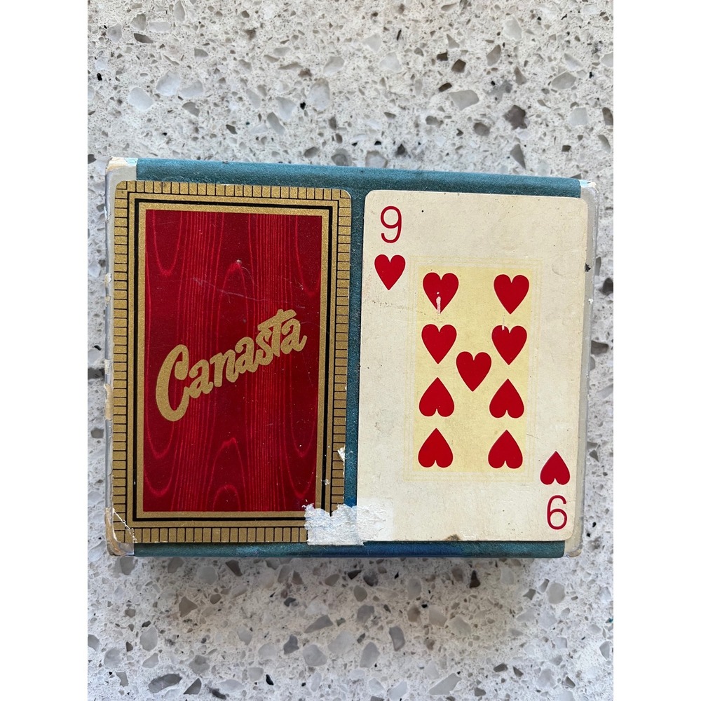 Canasta‎ Card Game Set 2 Decks Red Wood Grain Design Teal Storage Box
